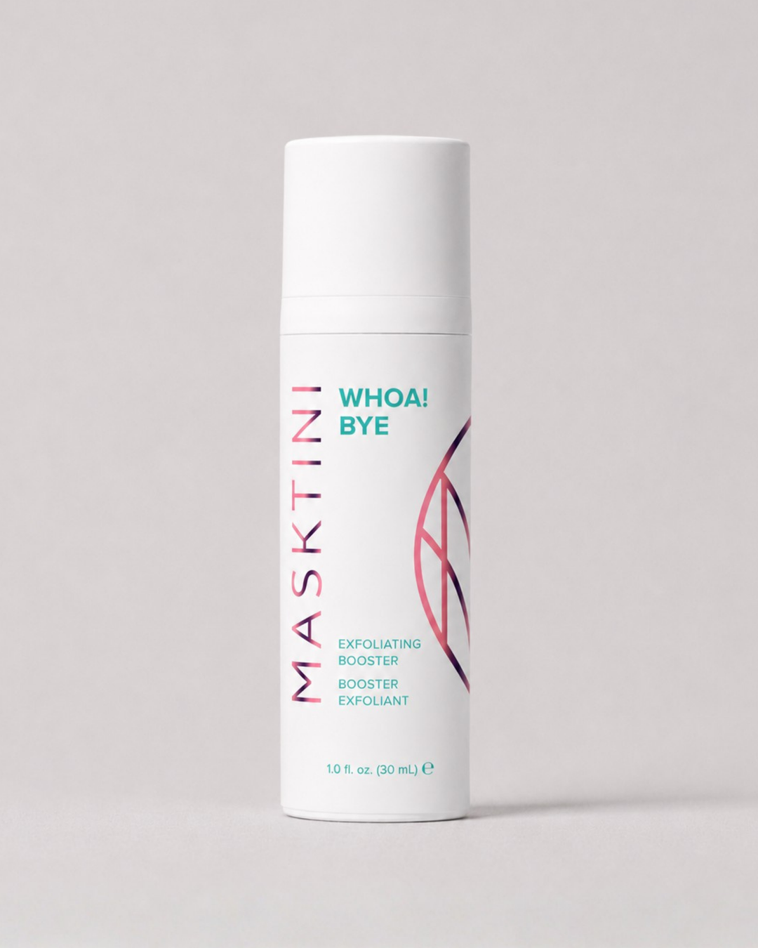 A white cylindrical cosmetic bottle labeled MASKTINI WHOA! BYE Exfoliating Booster, standing upright on a light gray background.
