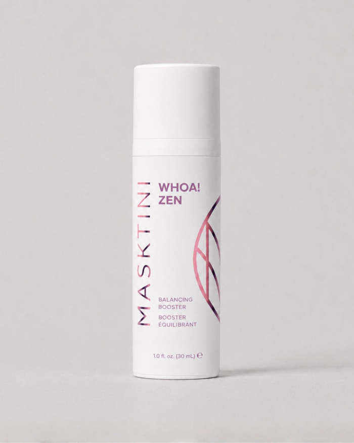 A white cylindrical cosmetic bottle labeled MASKTINI WHOA! ZEN Balancing Booster, set against a neutral light gray background.