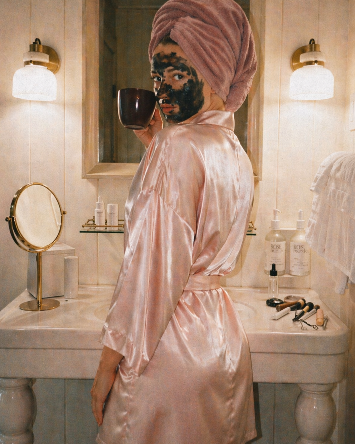 Woman in a pink robe with a towel-wrapped head and Gone Girl mask on her face, sipping from a mug in her bathroom