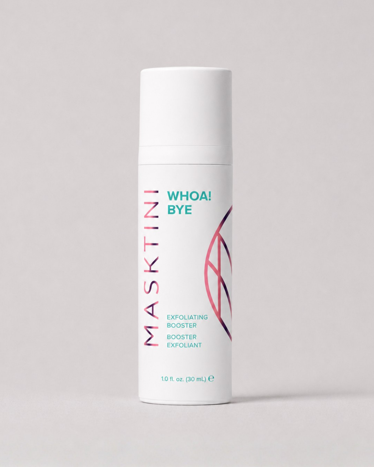 A white cylindrical cosmetic bottle labeled MASKTINI WHOA! BYE Exfoliating Booster, standing upright on a light gray background.