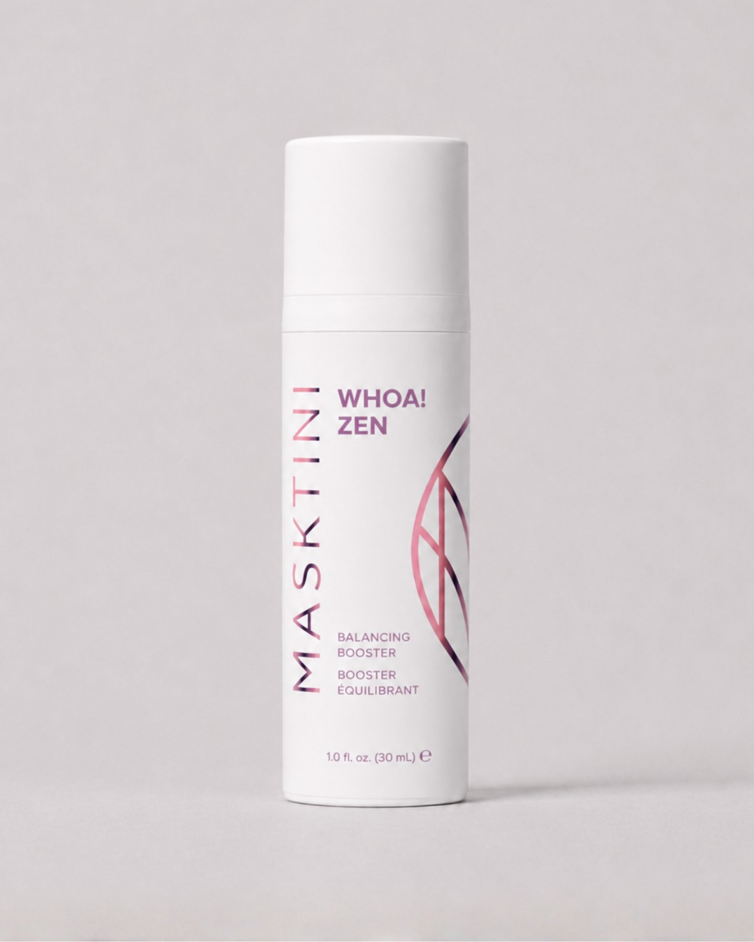 A white cylindrical cosmetic bottle labeled MASKTINI WHOA! ZEN Balancing Booster, set against a neutral light gray background.