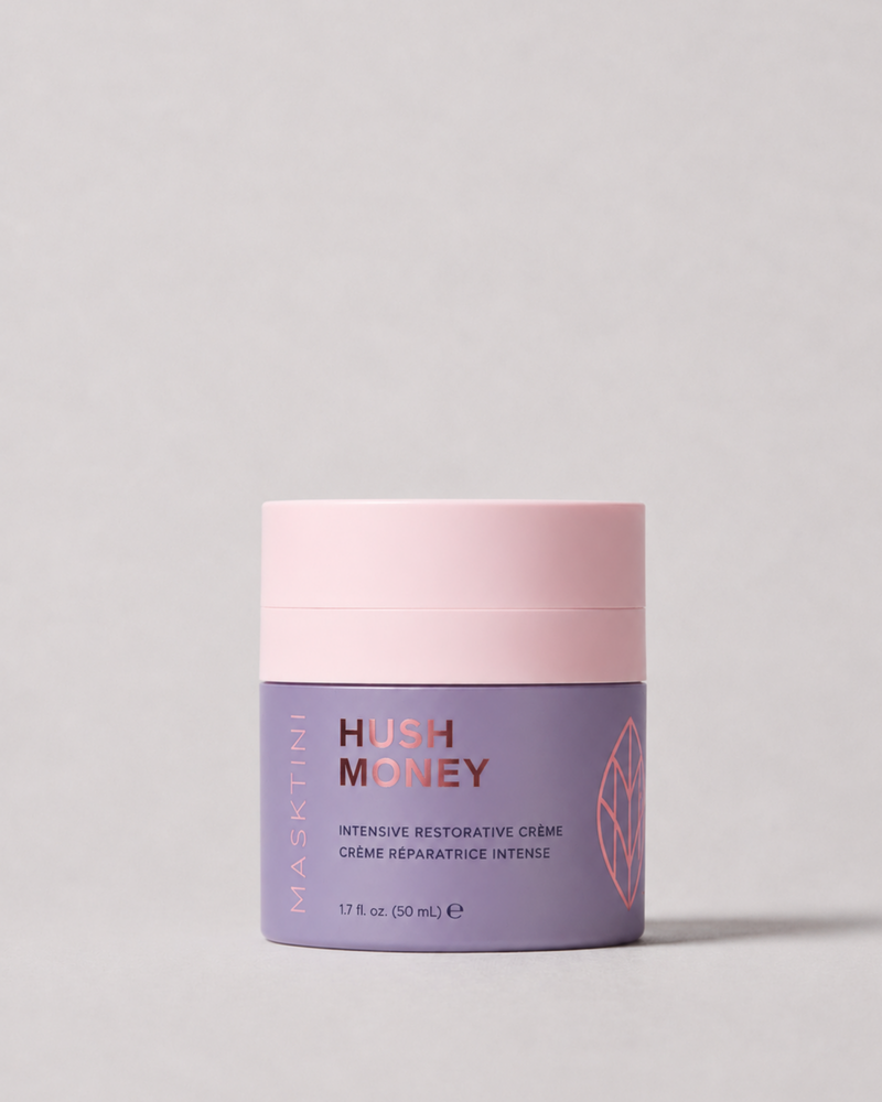 Cosmetic jar with pink lid and purple Masktini Hush MOney a light gray background